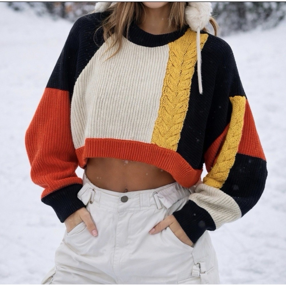 Moon & Madison Colorblock Cropped Chunky Knit Boxy Dolman Long Sleeve‎ Sweater L
